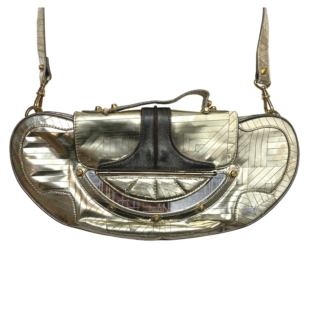 Fendi Metallic Gold Leather Shoulder Bag Mirrored 8BN133-MGP049 Vintage Y2K